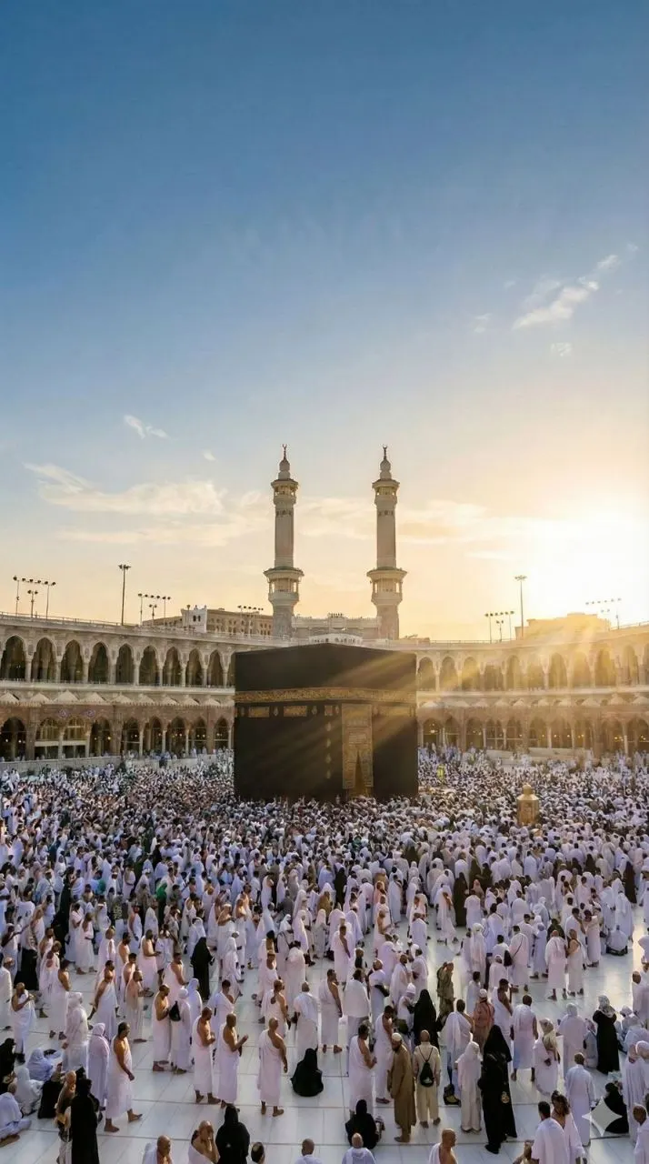 معتمرون بلباس الإحرام حول الكعبة المشرفة